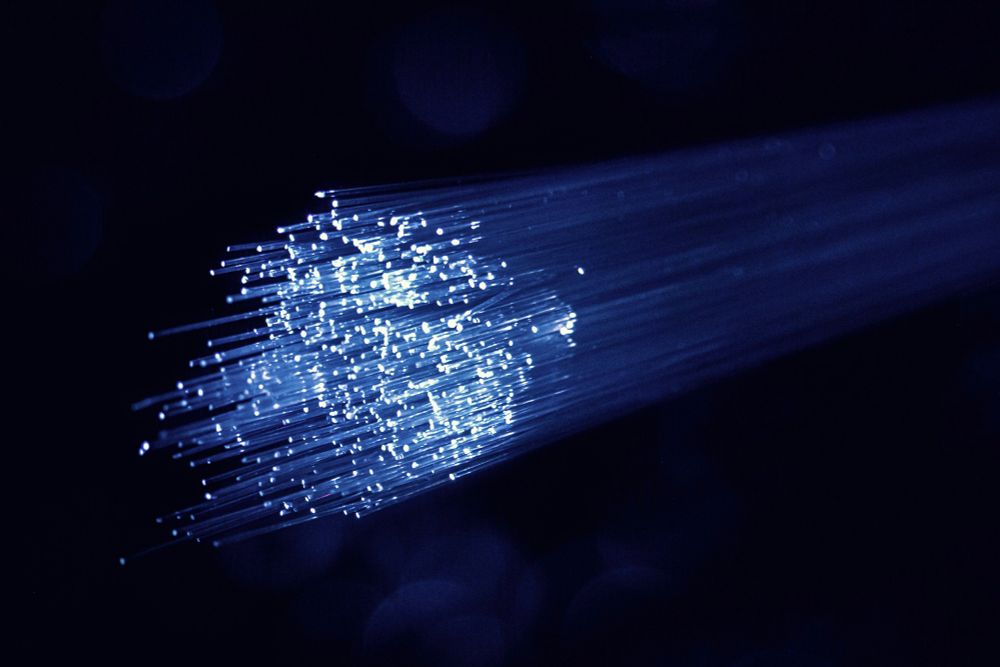 A close-up of exposed glowing blue fibre optic cables against a dark background, with tiny points of light scattered along the strands.
