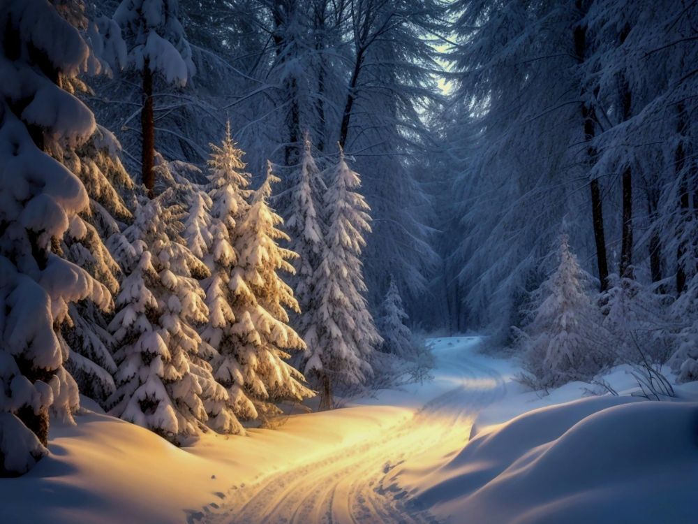 Verschneite Winterlandschaft. Tannen und Laufbäume schneebeckt, in der Mitte des Bildes ein verschneiter Waldweg,