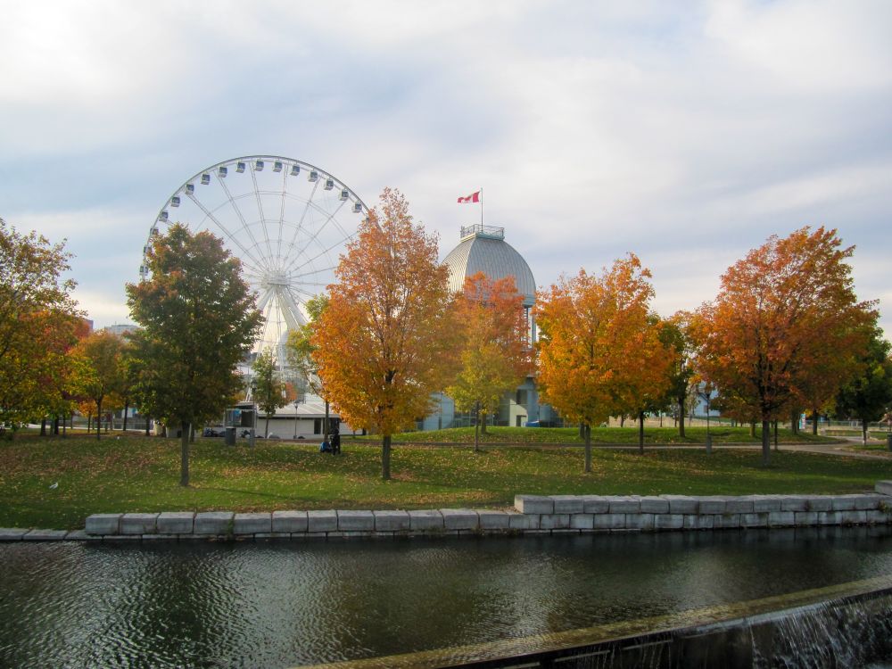 Herbstlich verfärbte Bäume, im Hintergrund ein Riesenrad, im Vordergrund ein See.