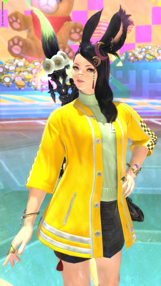 Portrait of my Final Fantasy 14 character/Warrior Of Light - Mission Moon. She is a viera, has hare-like ears on the top of her head. She is posing for the camera in a rather chaotic background of bright pop colors. There’s a giant brush on her back representing the magical range job, pictomancer. 