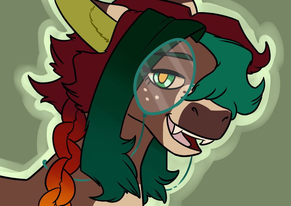 A brown earth pony with fangs, brown hair with green and black-to-green ombre highlights, and big circular glasses, smiling at the viewer as if talking.