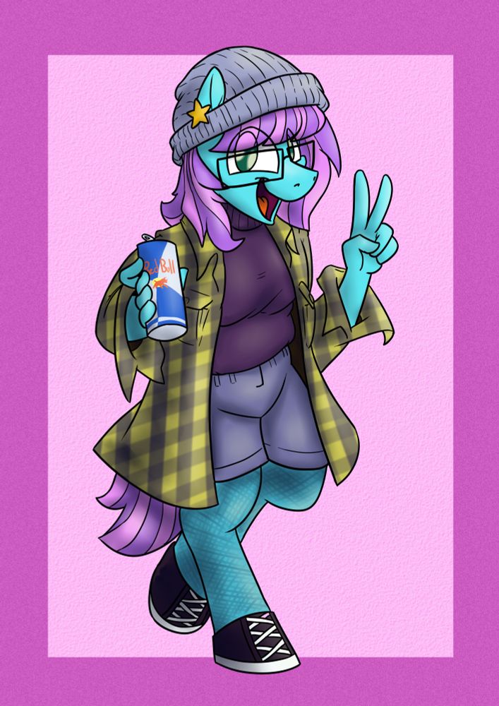 A purple anthro pony, in a beanie, with a yellow plaid jacket, denim shorts, leggings, and converse meant for hooves. She's smiling, and throwing up the peace sign with one hand while holding a Red Bull in the other.