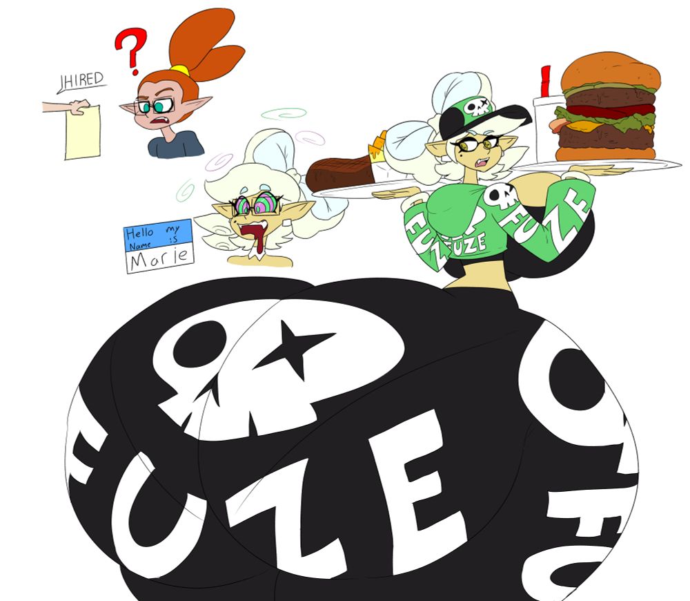 A three image sequence of a male Inkling from Splatoon being turned into Marie from the same game.
In the first part, an Inkling with glasses is being shown a piece of paper and being told that he's hired. A question mark floats above his head and a confused expression is on his face, indicating that he has no idea what they're talking about.
In the second part, the Inkling has seemingly been turned into Marie. She still wears the glasses from the first part, showing that this is still the same Inkling as before. Colorful rings fill her eyes and spirals float around her head, showing she's being hypnotized into believing she's Marie and is a waitress for the restaurant Fuze's. There's a name tag next to her that reads "Hello my name is Marie".
In the final part that takes up most of the image, Marie is dressed in the restaurant employee's outfit while carrying plates with oversized portions of burgers, nachos, steak, and soda. She wears tight black pants, and an open green sweater with a black top that leave her midriff exposed. Her pants and sweater have the word "Fuze" written across the butt, legs, arms, and back, all accompanied by Fuze's skull logo. She also wears a black and green hat that has the skull logo on it as well. Marie herself has a much taller, curvier shape than normal, with her ass taking up the entire lower half of the image, and her chest being noticeably larger as well.
