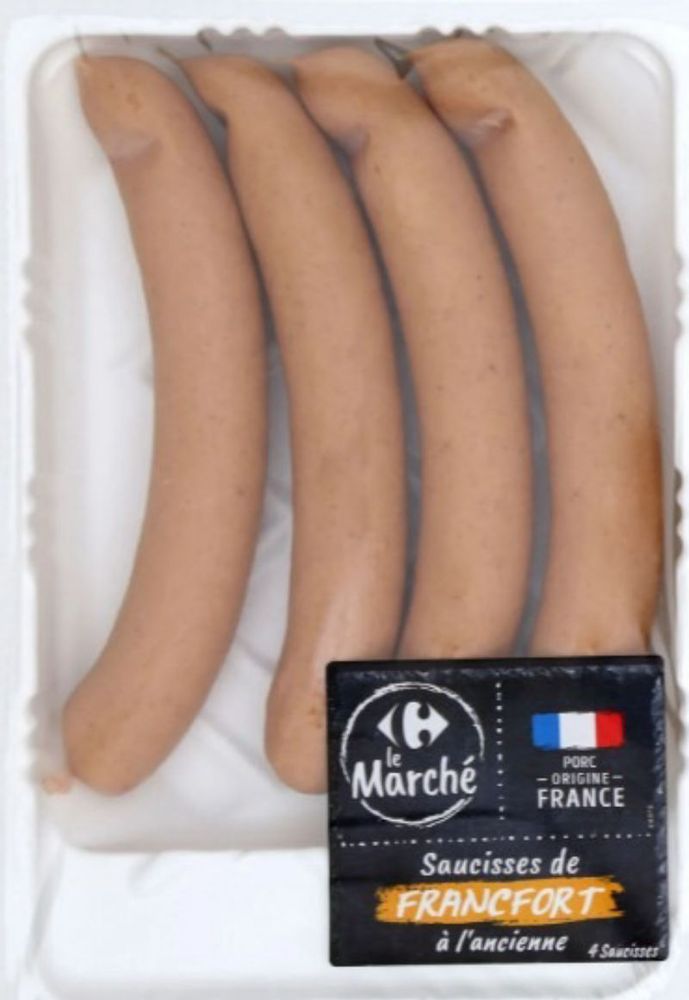 photo de SAUCISSE DE FRANCFORT À L’ANCIENNE x4 220G SAUCISSE DE FRANCFORT À L’ANCIENNE x4 220G - CARREFOUR LE MARCHE Risques : Défaut de fabrication, défaut d'étanchéité (ex: micro fuites, thermoscellage défectueux) ou anomalies de conditionnement Motif : Mise en évidence d’un défaut d’étanchéité (micro-fuites)