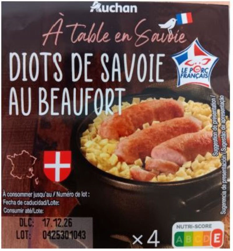 photo de AUCHAN TERROIR DIOTS DE SAVOIE BEAUFORT X4 360G
AUCHAN TERROIR DIOTS DE SAVOIE BEAUFORT X4 360G - AUCHAN Risques : Anomalie d'étiquetage Motif : Une erreur a eu lieu pour la DLC (imprimé sur le paquet 17/12/2026 au lieu de 17/12/2025).
