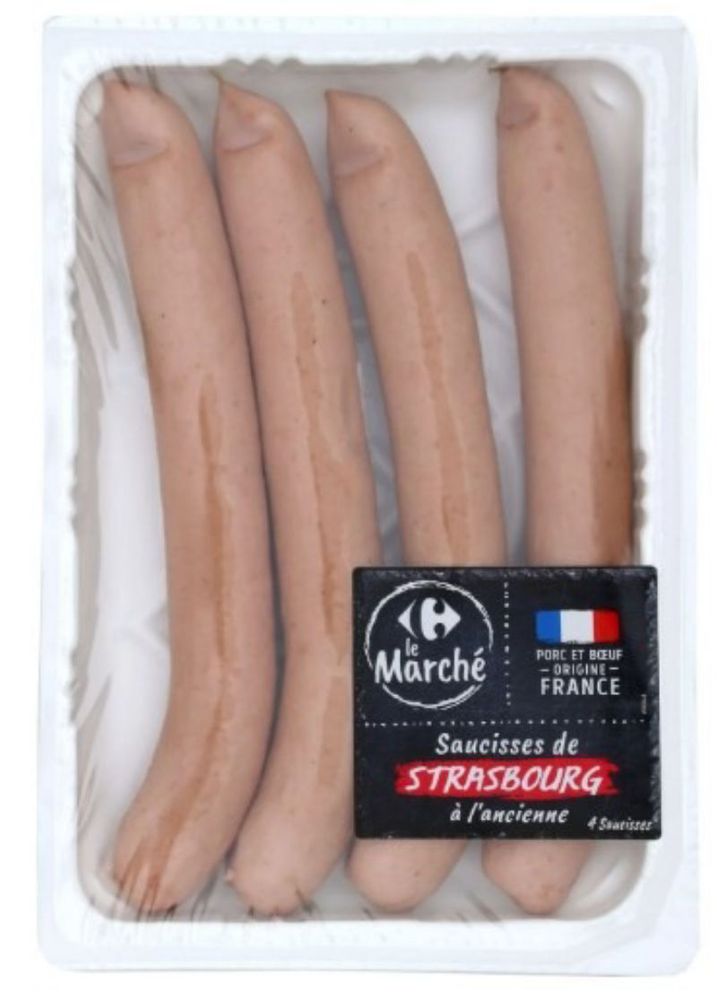 photo de SAUCISSE STRASBOURG À L’ANCIENNE X4 300G SAUCISSE STRASBOURG À L’ANCIENNE X4 300G - CARREFOUR LE MARCHE Risques : Défaut de fabrication, défaut d'étanchéité (ex: micro fuites, thermoscellage défectueux) ou anomalies de conditionnement Motif : Mise en évidence d’un défaut d’étanchéité (micro-fuites)