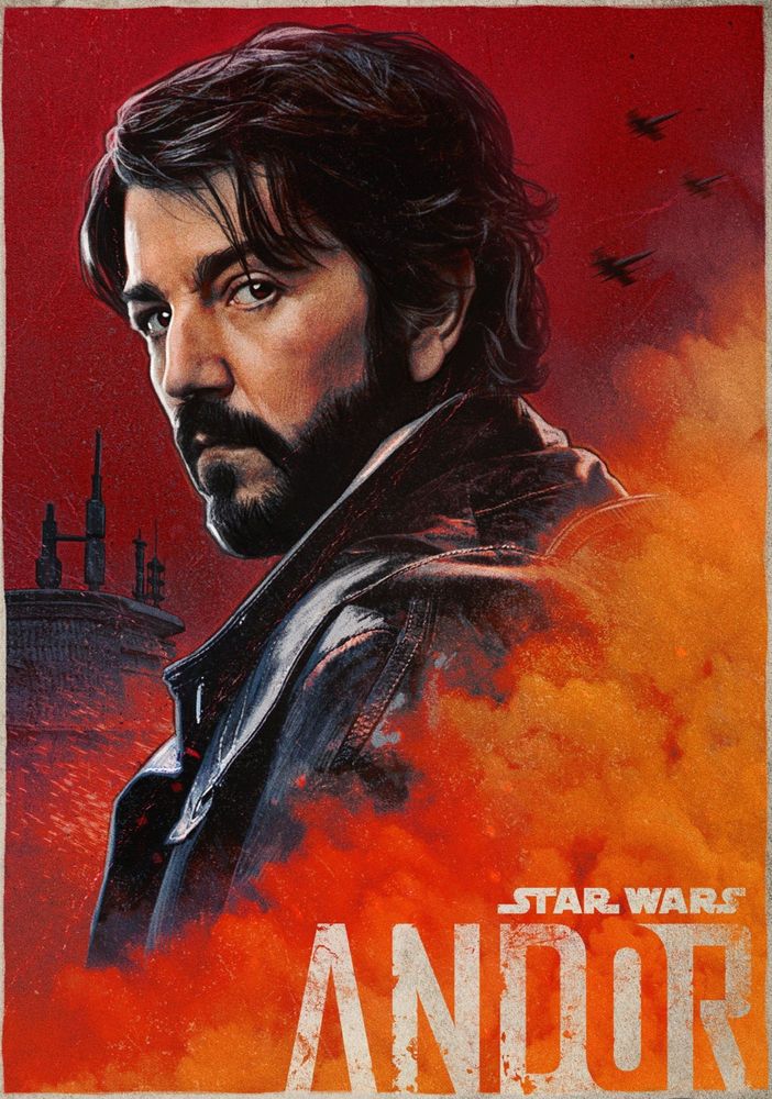 The painted poster for the series Star Wars: Andor. Cassian Andor, a latino mand with a dark hair and beard, is in profile as he looks toward the viewer with concern. Fiery smoke erupts behind him.