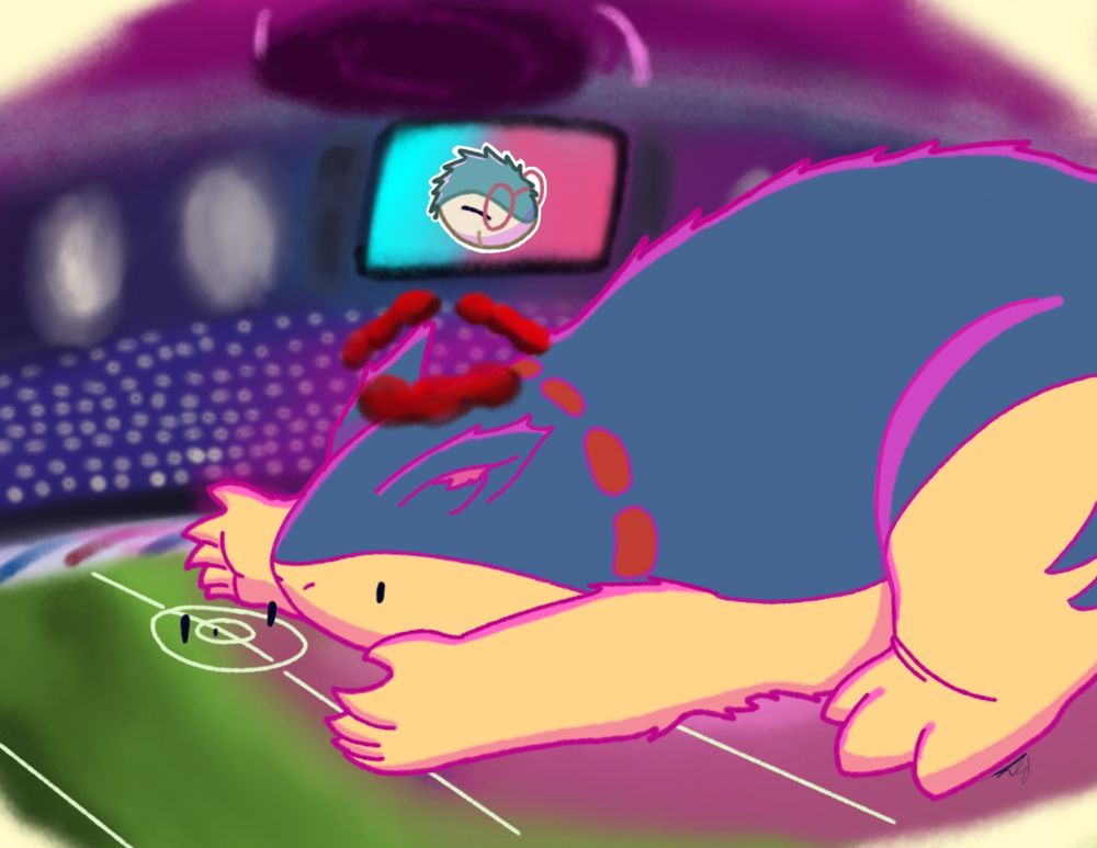 A Dynamaxxed Typhlosion reaching their arms out in curiosity around the ongoing battle in front of them. No one told them THIS is what Dynamax meant...