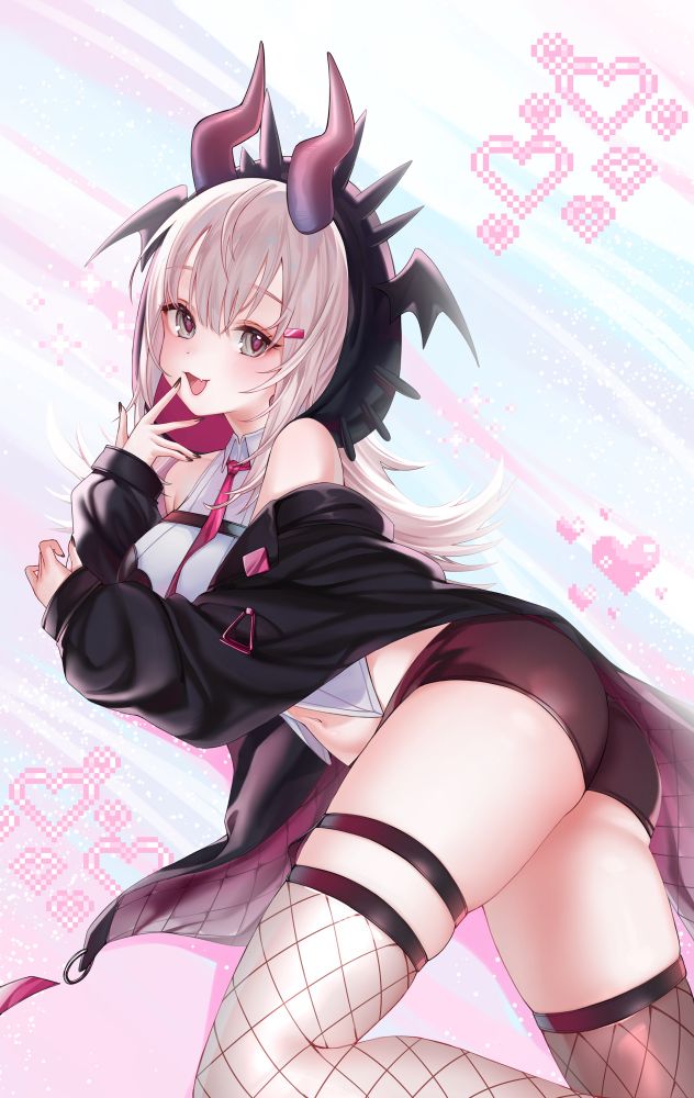 Devil girl lies showing her butt surrounded by pixelated hearts