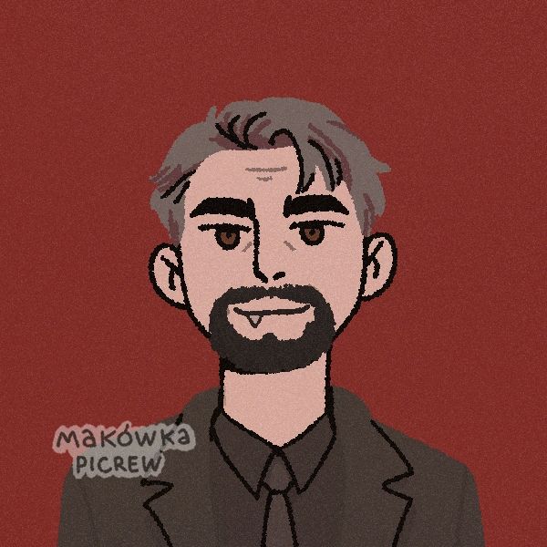 Avatar-maker cartoon portrait of an older man in a black-on-black suit, with a vampire fang.