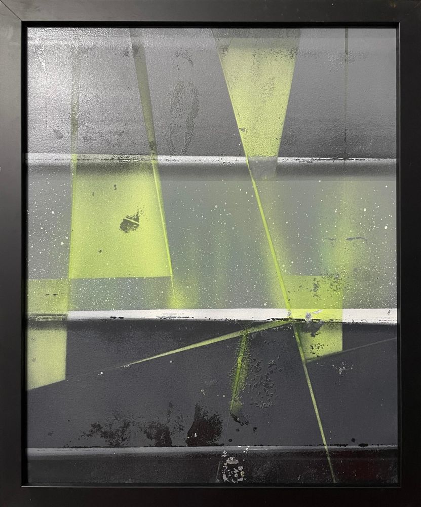 Obra "Escudo antimisiles" (apagada con luz) de la serie "Parabellum 3", por el artista abstracto El Gus.
