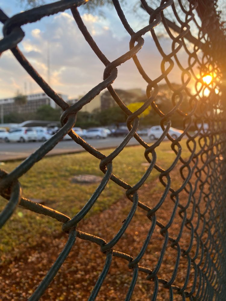 Foto de uma grade de portão, ao fundo vemos o por do sol