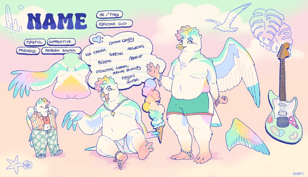 Digital ref sheet of an anthro glaucous gull. Text informs us he uses he/they pronouns, is playful, competitive, friendly, and a problem solver, and likes ice cream, cotton candy, surfing, arcades, fashion, makeup, collecting charms and making jewelry, and playing guitar. The ref has three fullbody drawings, one in a neutral standing pose, one sitting, and one little outfit chibi. There's also a separate wing drawing, one of the back and an arm, and one of his guitar. The color palette is stylized as a towering ice cream cone. The character themself is mostly off-white, with fluffy pastel hair like cotton candy, some pastel teals and blues on their arms, and yellows and pinks on their back. He has pink feet with teal webbing. He has wave-shaped top surgery scars and wears colorful eye makeup and many accessories, mostly little charm bracelets and anklets. The back of his wings are a gradient of teal to yellow to orange to pink to purple, tipped with blue and speckled with white. He wears just shorts in both of the larger fullbodies, and on the outfit chibi, wears an open white button down shirt with coral stripes over a red-orange crop top, with loose, semi-sheer teal pants with a monstera leaf pattern in white. The guitar is seafoam with a pearlescent white pick guard and some stickers. The info on the ref is stylized like doodles in a lined notebook, and the ref is decorated with doodles of leaves, a gull in flight, surfboards, and sea critters.