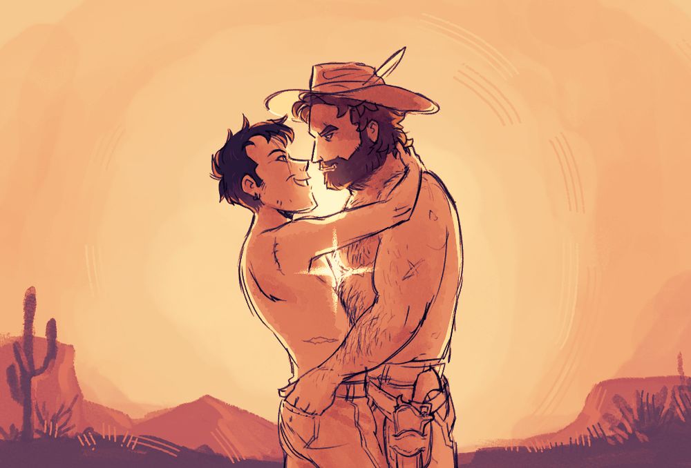 Digital sketch of two men probably in their 30s embracing shirtless in front of a desert sunset, smiling at each other. The shorter, more lithe one has short-cropped dark hair and pointed facial features, and he reaches up to hold the back of the taller man's neck. The taller man has tousled auburn hair and a beard and wears a cowboy hat with  a feather in the brim, chaps, and a holster with a revolver. His hand is in the smaller guy's back pocket. Both have various scars, including top surgery scars on the taller guy. The piece is toned entirely in sunsetty colors and the figures are backlit, with a bright glow between their faces and chests. There's a star-shaped glimmer of lens flare in the narrow gap between their chests.