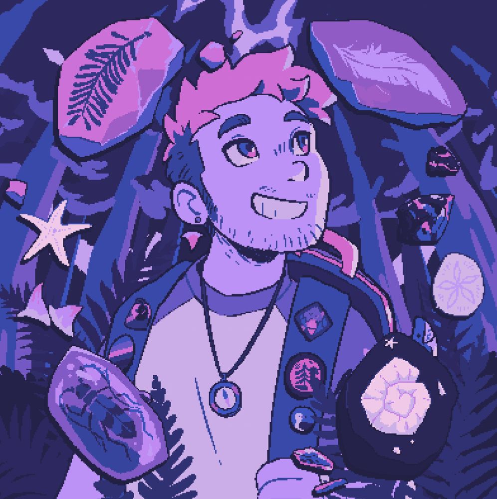 it's the piece I did for my artfight team fossils announcement, a self-portrait of a blond guy with a backpack hiking in the redwoods with fossils overlaid on the image, done in a binary pixelly style. All the images in this post are this drawing with different color palettes applied. This one is all cool purples and blues with pops of pink, it's giving nightclub.