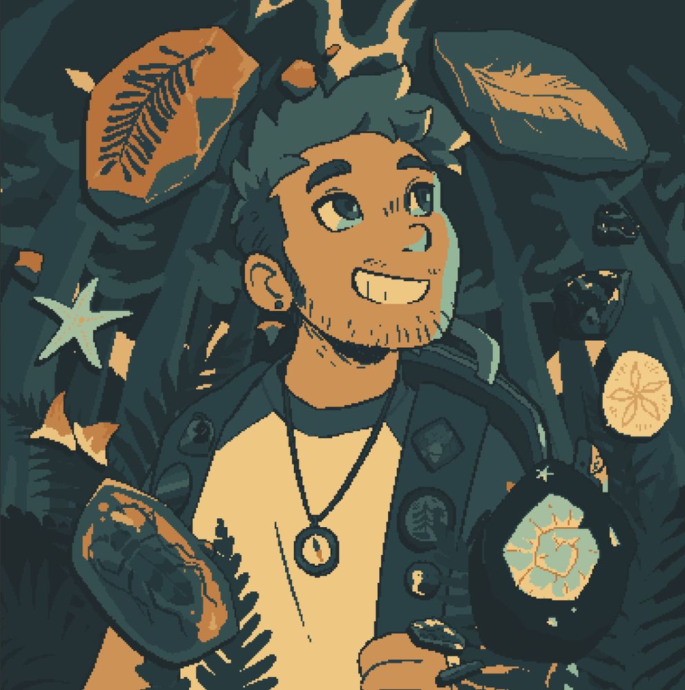 The same pixel art as previous; this one is mostly darker teals and greens with the middle range of values in tans and creams.