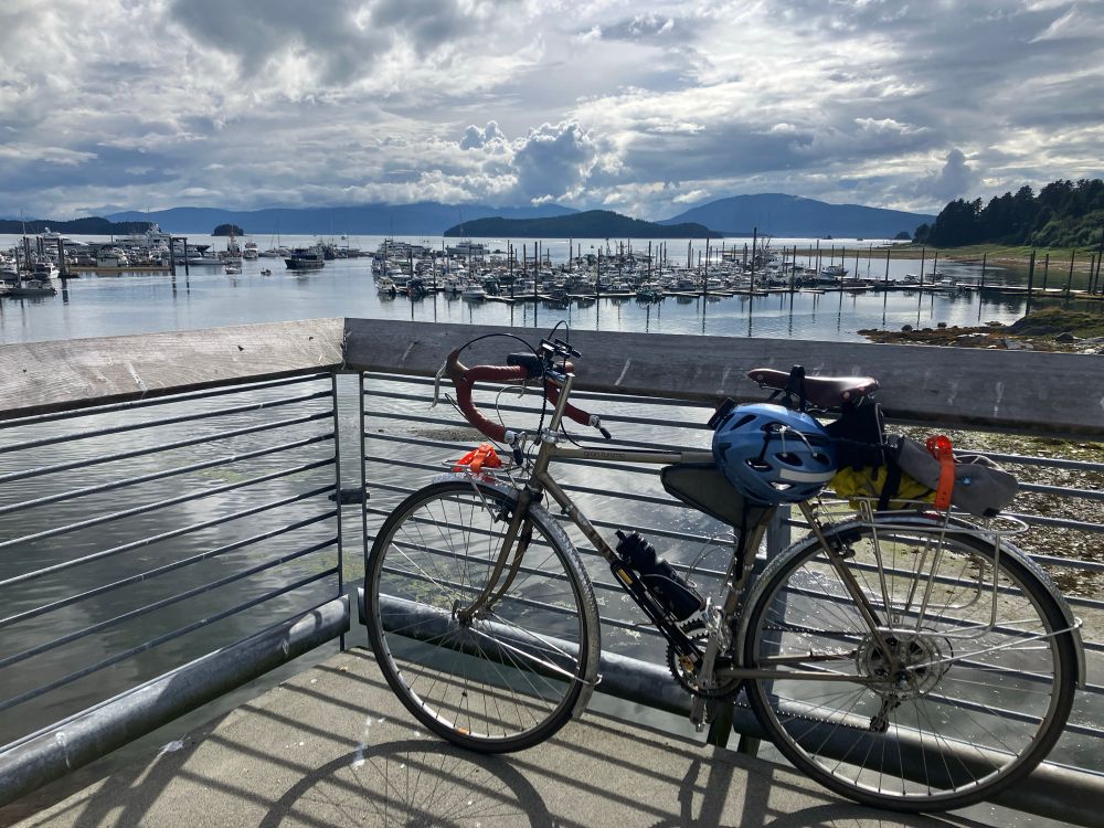 Bike parked overlooking the Auke Bay harbor