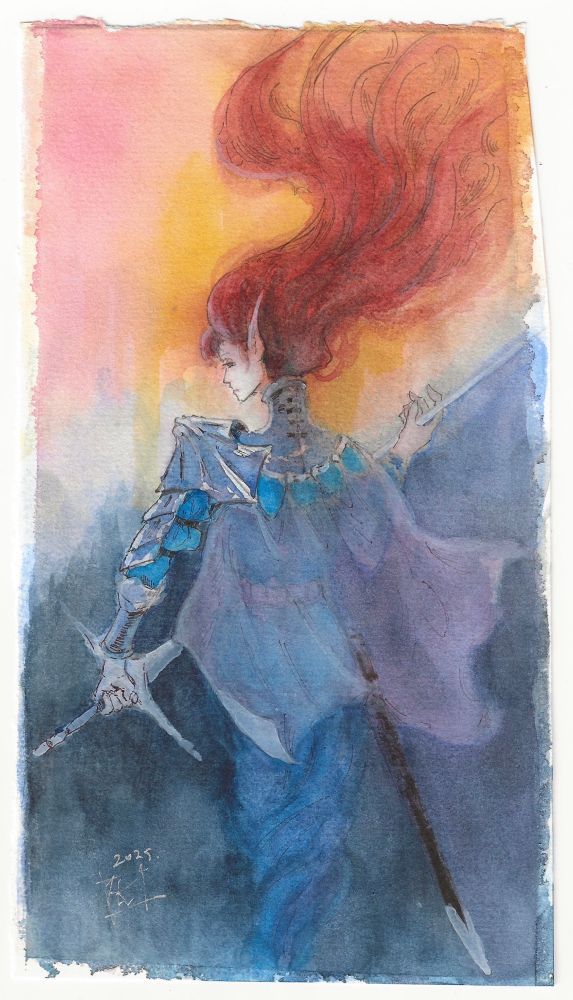 Watercolor and pen illustration. A long and thin figure of fairy-knight, holding a silver sword. Their hair is bright and flowing like fire.