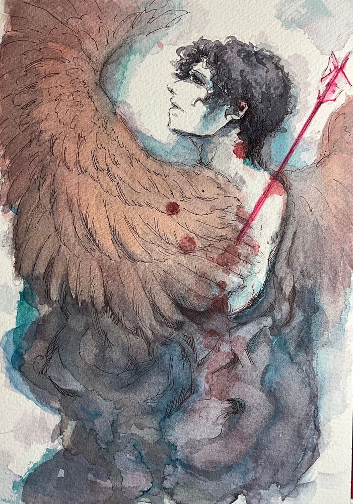 漫画調の水彩イラスト。大きな褐色の翼を持つ半分鳥、半分男性の身体をした者が、背中に矢を受け雪の中に倒れている。