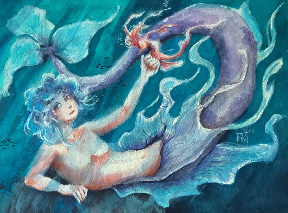 Watercolor and acrylic painting, a mermaid smiling confidently, lying on a rock and playing with seahorse
