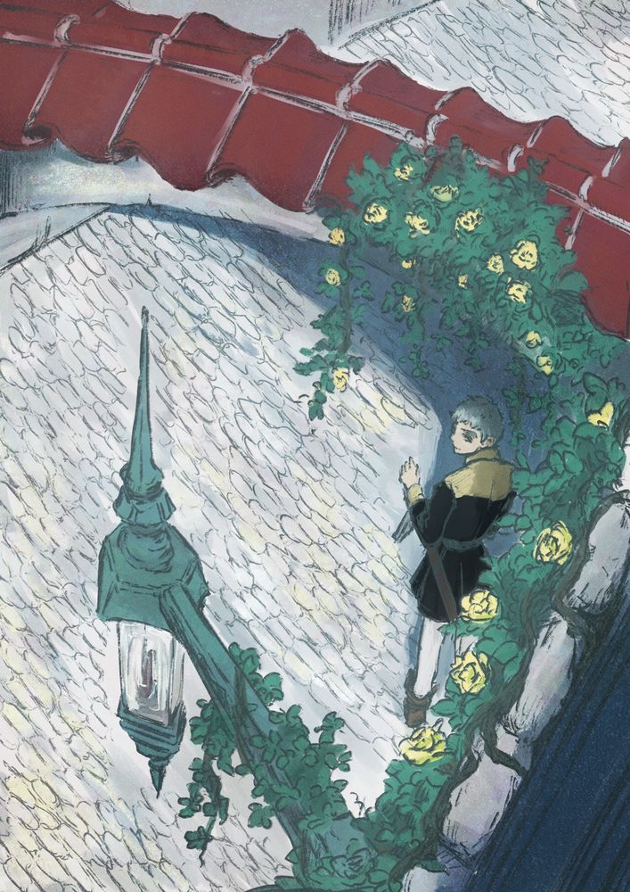 デジタルイラスト。ヨーロッパ風の路地に佇む青年。壁際にモッコウバラが生い茂っている。