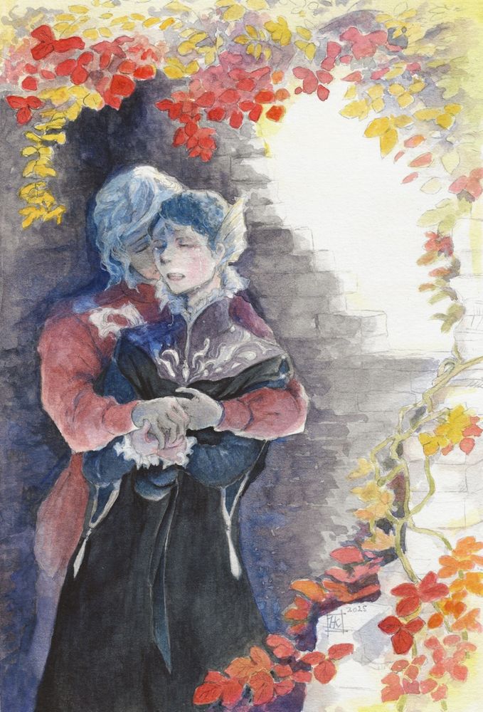 水彩イラスト。鮮やかに紅葉した蔦に覆われた廃墟の暗がりで、半妖と王子と騎士が抱き合って涙を流している。