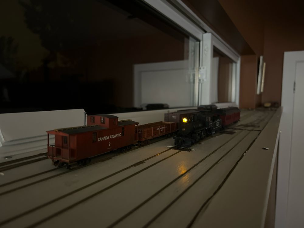 1120 lifts number 44 out of Golden Lake window sill staging yard.  I don’t often run with the headlight on, because it wasn’t required in daytime in 1905, but it was pretty dark!