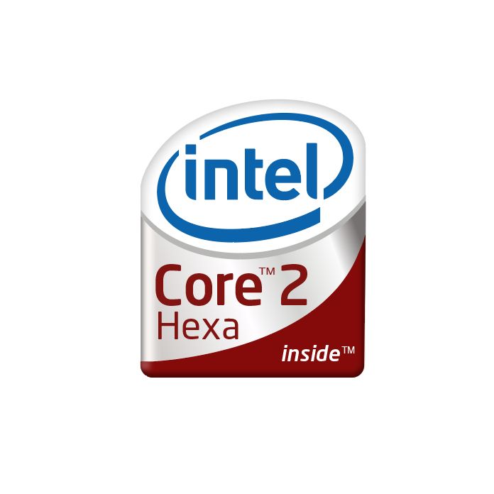 Core 2 logo, but it's red (except for the Intel logo) and it says "Core 2 Hexa", implying that it is 6-core.