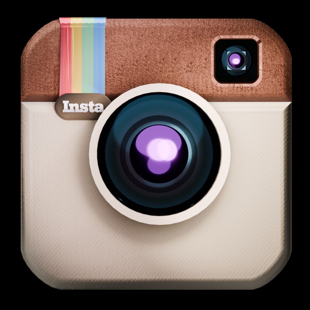 A 3D recreation of the 2011 Instagram logo, a.k.a. a rounded square shaped Polaroid camera, with a colorful ribbon in the top left saying 'Insta'.