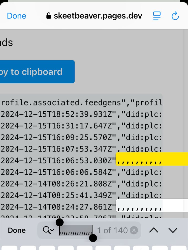 Screenshot of generated result of searching a list in CSV format, with a search of “,,,,,,,,,,,,” showing 140 results