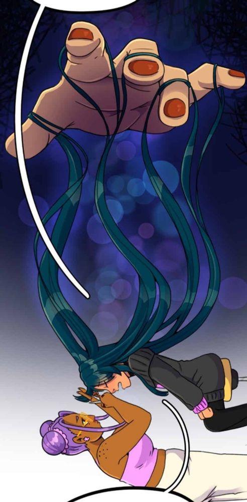 A hand holds up Aimanda's hair like a puppeteer holds strings for a doll. Nadiya is cutting Aimanda's bangs.
