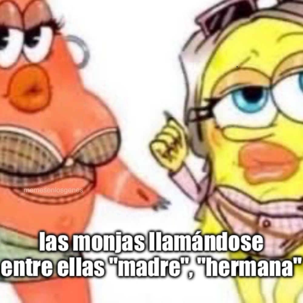 meme de Bob Esponja y Patricio vestidos de forma sugerente con el texto "Las monjas llamándose entre ellas madre y hermana".