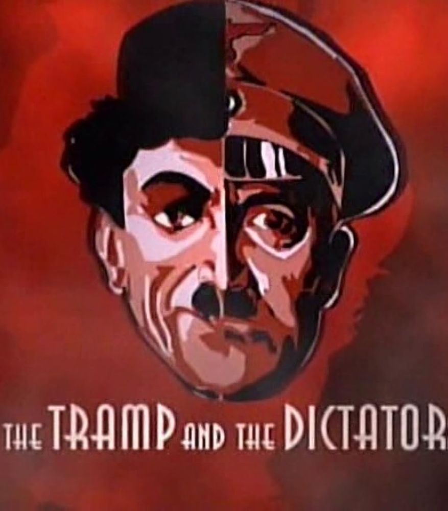Affiche du film "The tramp and the dictator", un dessin sur fond rouge vif, d'un visage dont la moitié gauche représente Chaplin et la droite Hitler.
En dessous, le titre