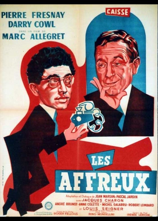 Affiche Dessinée, avec Dary Cowl à gauche de plein pied et Fresnay à droite, à une fenêtre. Titre en bas en bleu.