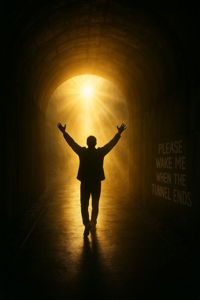 A figure stands at the bright end of a dark tunnel, bathed in warm sunlight. The light feels soft and golden, touching the body like relief. The atmosphere is quiet and full of arrival — a moment of stillness after the journey.