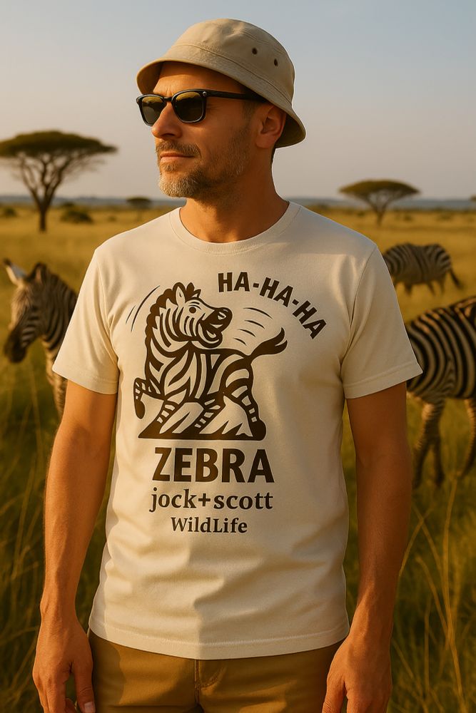 A man stands in golden grassland wearing a T-shirt with a bold black illustration of a laughing zebra and the words “HA-HA-HA / ZEBRA / jock+scott – Wildlife.” Real zebras graze in the background, blending humor and nature in a sunny savannah scene.