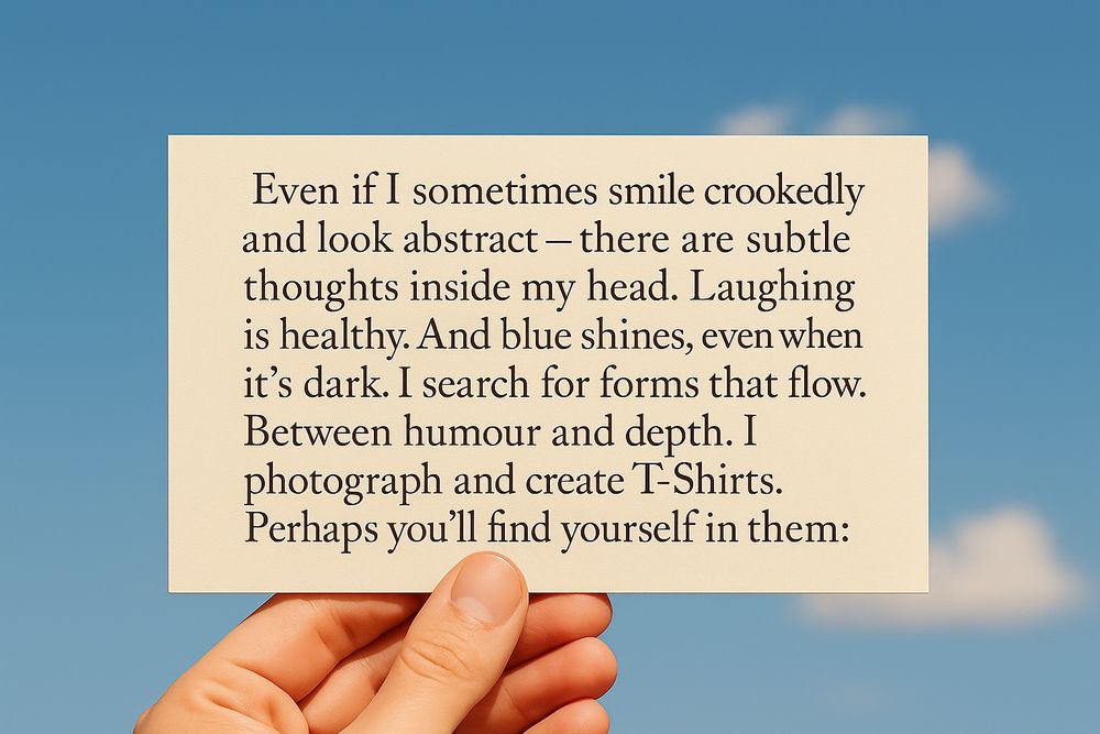 The back of the postcard shows a short English text about humour, abstract thoughts, and designing T-shirts – printed in a serif font on a cream-coloured card.
