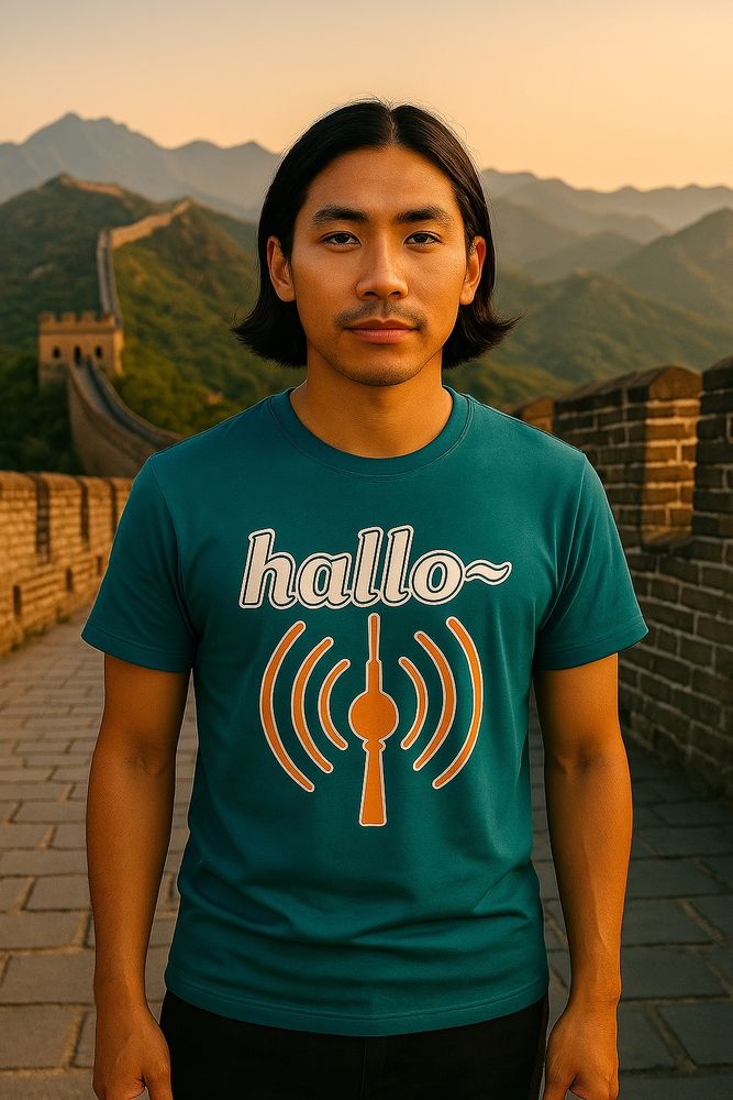 A young man stands on the Great Wall of China at sunset, wearing a teal T-shirt with the word “hallo~” above an orange Berlin TV tower design sending out signal waves — symbolizing openness, curiosity, and connection across cultures.