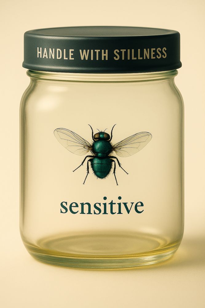 A transparent glass jar stands centered on a neutral surface. Inside the jar sits a single housefly, slightly off-center toward the front. A small white label with the word “sensitive.” in lowercase is placed on the jar, facing forward. Soft, natural light reflects on the curved glass surface. The background is bright and quiet. The image feels still, focused, and delicate – emphasizing heightened awareness and limited space.