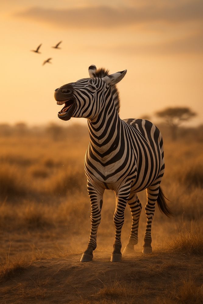 A zebra stands on a dusty plain during golden hour, its mouth open in what looks like a wide, expressive laugh. Warm sunlight bathes the scene in amber tones. In the background, three birds fly across a soft, clouded sky. The image radiates energy, wildness, and a touch of joyful absurdity.