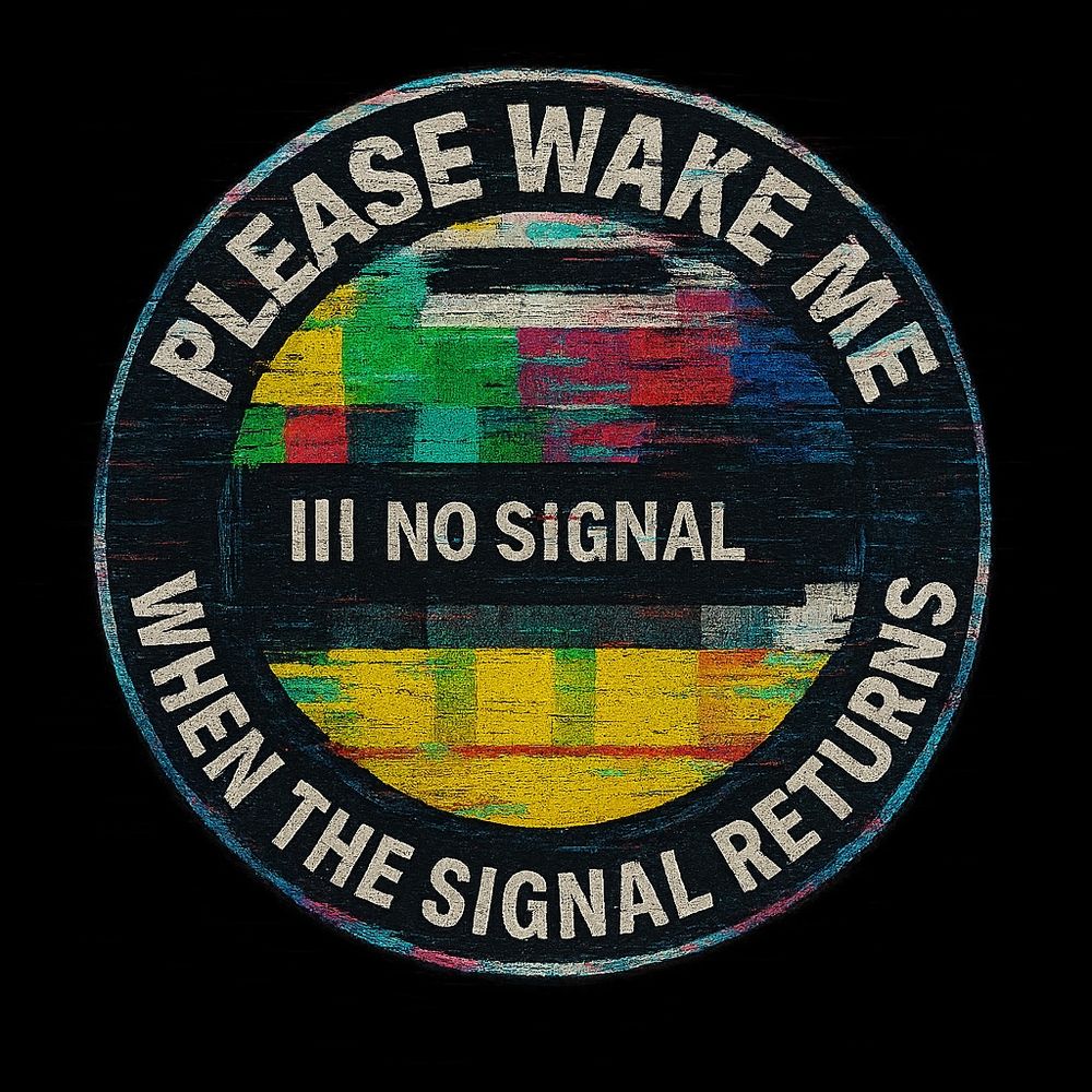 Distorted graphic T-shirt design on a white background. The text “PLEASE WAKE ME – NO SIGNAL” appears glitched, with pixel noise, broken color bars, and visual disruption, evoking a malfunctioning TV screen. A visual signal—interrupted, but present.