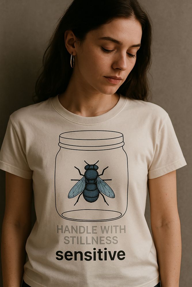 A cream-colored T-shirt featuring a detailed illustration of a blue housefly inside a glass jar. Below the jar, the words “HANDLE WITH STILLNESS” appear in soft gray, followed by “sensitive” in bold black. The design evokes a feeling of vulnerability, quiet tension, and emotional sensitivity.