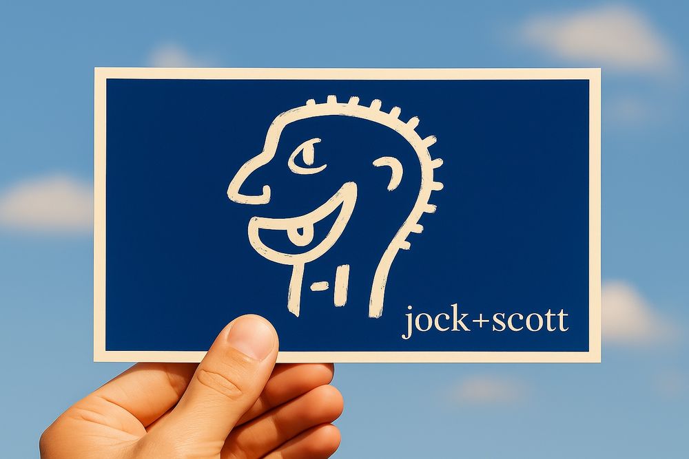 A postcard with a dark blue background and a chalk-drawn face that smiles crookedly. In the corner, the text “jock+scott”.