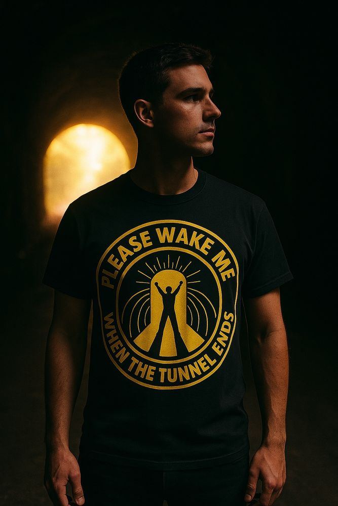 A person stands near the mouth of a tunnel, golden light pouring from the exit. The T-shirt shows a figure walking into the light, surrounded by bold, graphic rays. The mood is quiet, expectant – like a moment just before something begins.