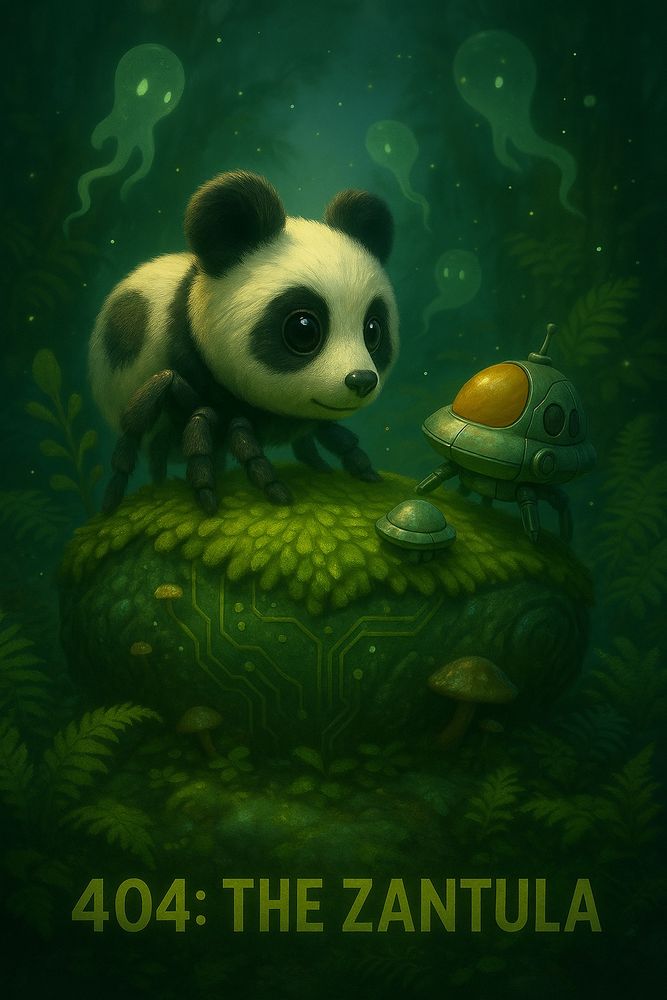 A pale, silvery light filters through the dense canopy of an ancient forest, falling in soft patches onto a floor of thick, springy moss. The air is damp, heavy with the scent of earth and pine, and the morning mist clings to every branch and stone. In the center of a small clearing stands The Zantula, a being both strange and gentle — the rounded head and patterned fur of a panda merging seamlessly into the slender, jointed legs of a spider. Each leg ends in a fine point, pressing lightly into the moss as if testing the ground’s patience. Its fur is a perfect balance of black and white, the boundaries between colors as clean and natural as shadows at dawn.

The Zantula’s eyes are large, deep, and reflective, like still pools of water that have seen more than they will ever say. They hold the glimmer of faraway places, of skies no one here has ever seen. Above the clearing, faint and almost hidden, comes a low hum — the kind of sound you feel more than hear, as if it is traveling through the bones of the earth. Through gaps in the treetops, a dim, shifting glow of blue light moves, slow and deliberate. It does not belong to the forest. It belongs to something that came from beyond it.

The mist thickens in the edges of the clearing, curling and folding around The Zantula’s legs, as though it, too, is curious about this meeting. The creature does not move away. It stands quietly, watching the drifting light, breathing with the forest, waiting. There is no fear in its stillness — only a quiet certainty, as if this moment has been destined for longer than the trees have stood. Somewhere above, beyond the reach of sight, the shape of a starship lingers, hidden, patient. The air between them is charged, yet gentle, like the pause before a first greeting.