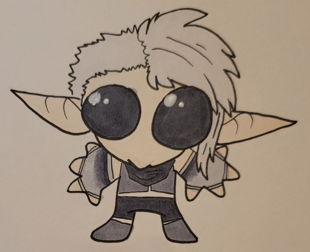 A chibi drawing of Roshani the elf with gigantic eyes