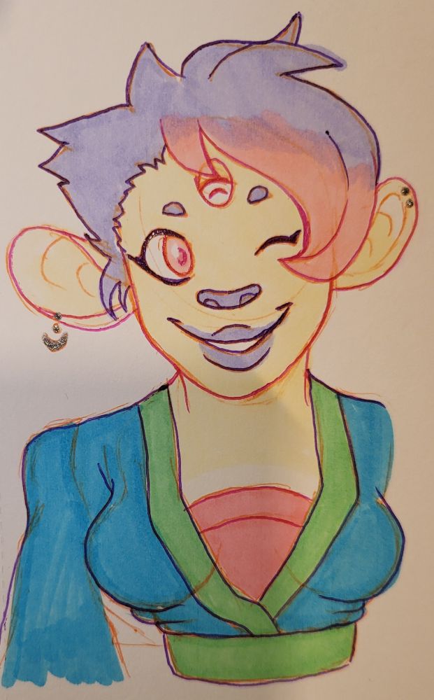 A 3 eyed pastel yellow firbolg with short lavender hair that fades to pink. She's wearing blue robes with a green sash and hem
