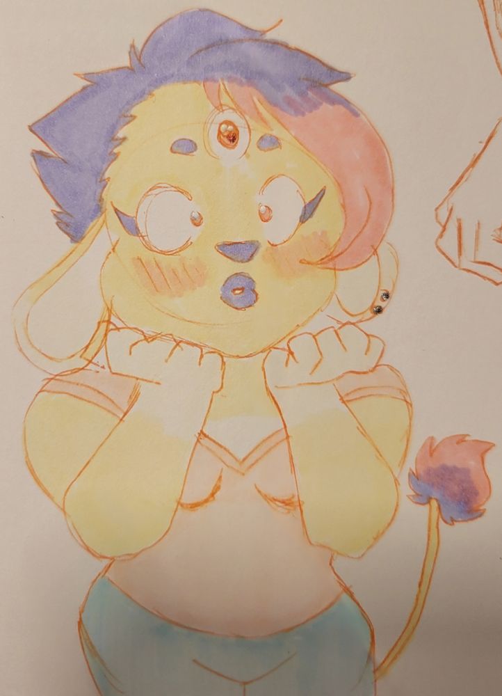 A yellow firbolg blushing with her hands clenched at her chin