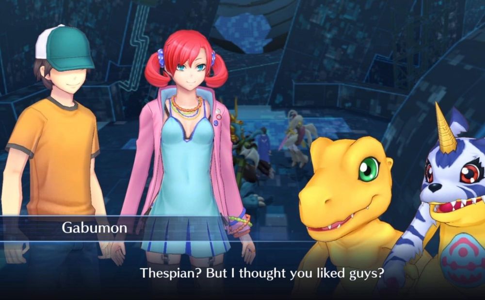Gabumon screenshot where he says "Thespian? But I thought you liked guys?"