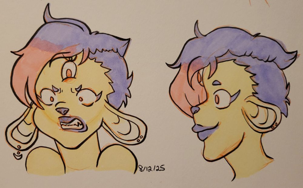 A yellow firbolg with three eyes and lavender hair that fades to pink. 2 head poses. One ¾ view and angry, the other a side profile facing left